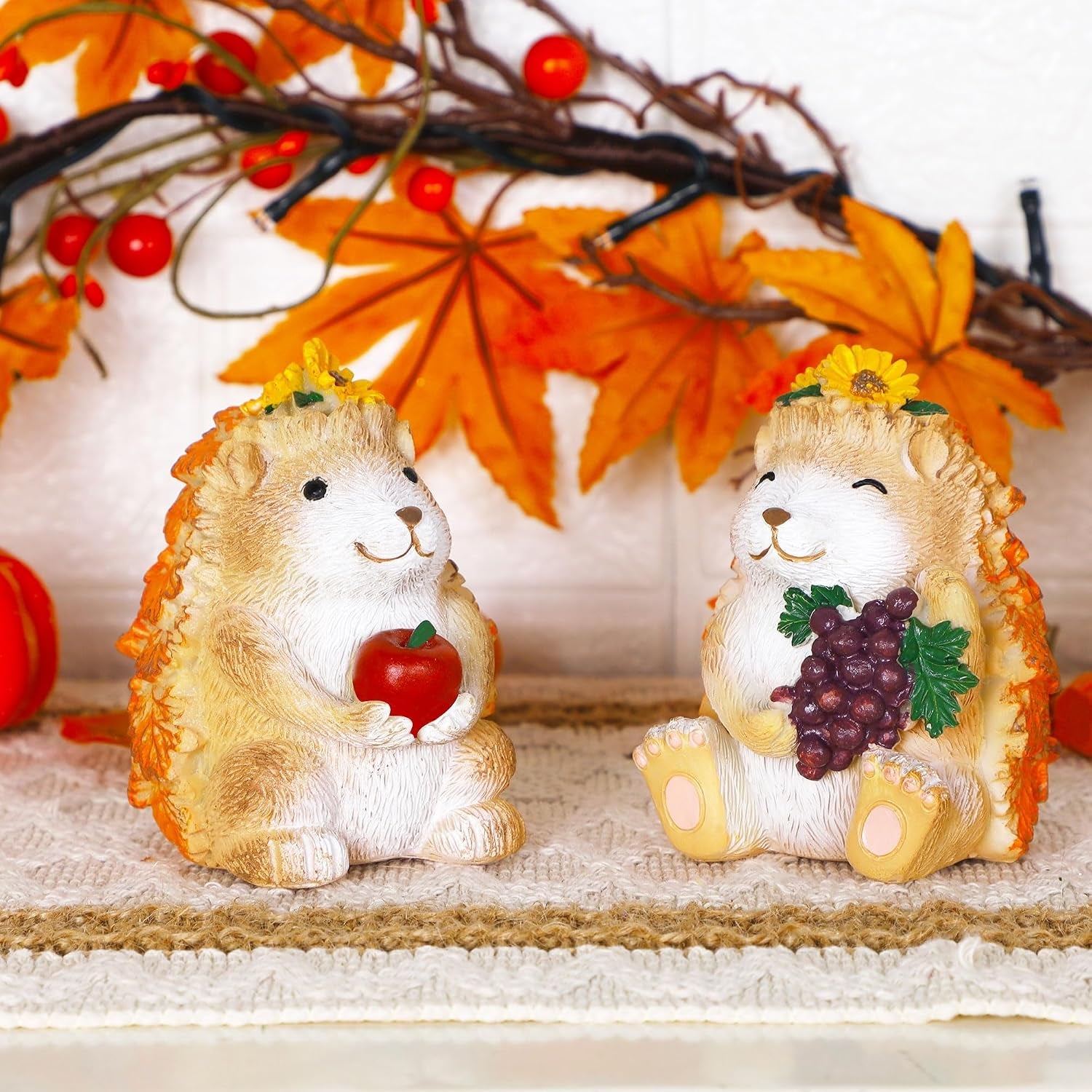 Fall Decorations for Home, 2 Packs Harvest Hedgehog Resin Sculpture with Maple Leaves & Fruits, Autumn Tabletop Ornaments Craft Decor for Thanksgiving and Fall Season