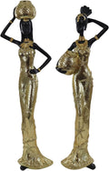 Set of 2 Resin African Women Statues – Gold Tribal Figurines with Pots, Afrocentric Ethnic Sculpture for Home Decor, Elegant African Lady Decor for Living Room, Shelf, Gift