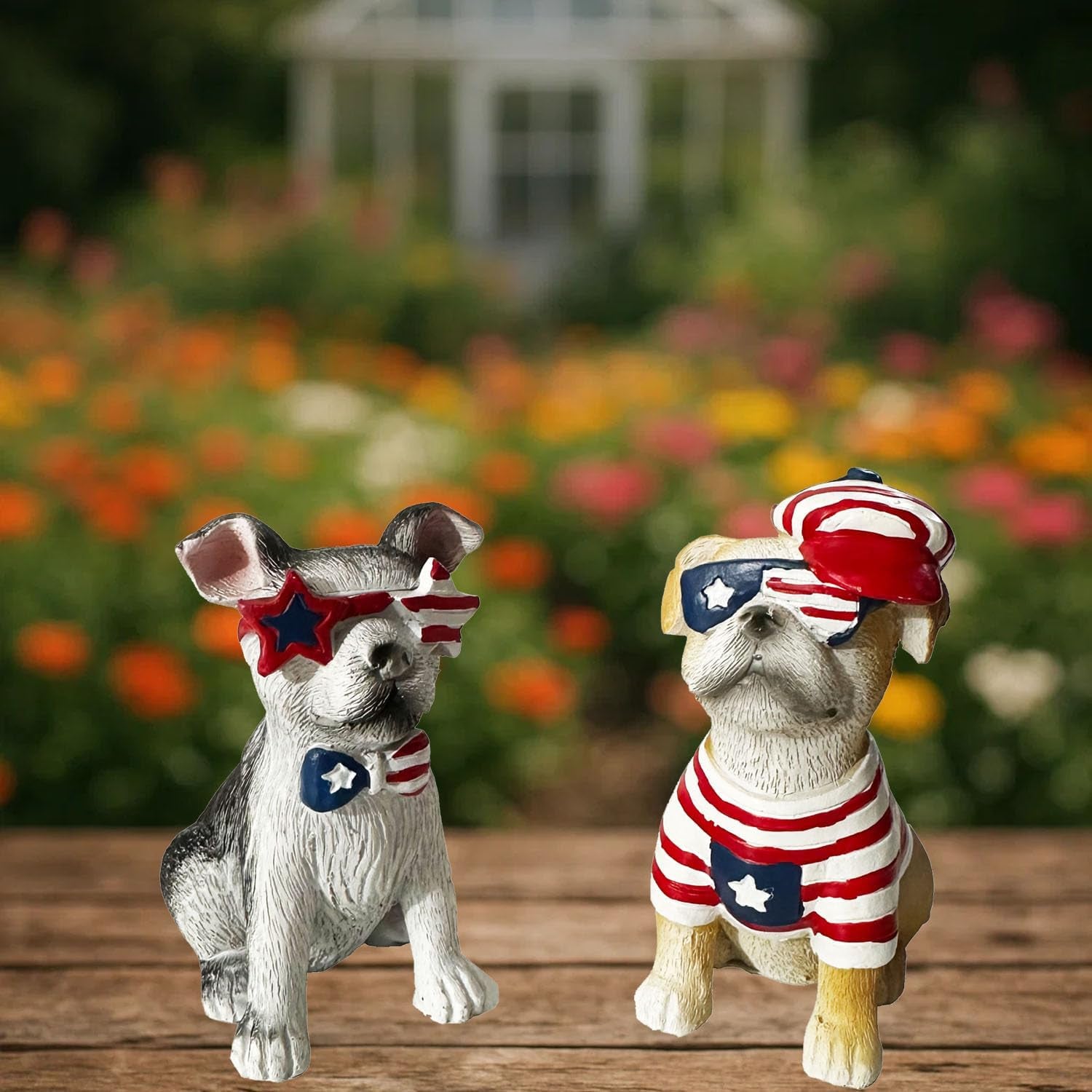 Patriotic Dogs Figurines Set of 2 – American Flag Design Decorative Puppy Statues, Red White and Blue, Stars and Stripes Theme, 4Th of July Americana Home Decor for Tabletop, Shelf, or Mantel Display