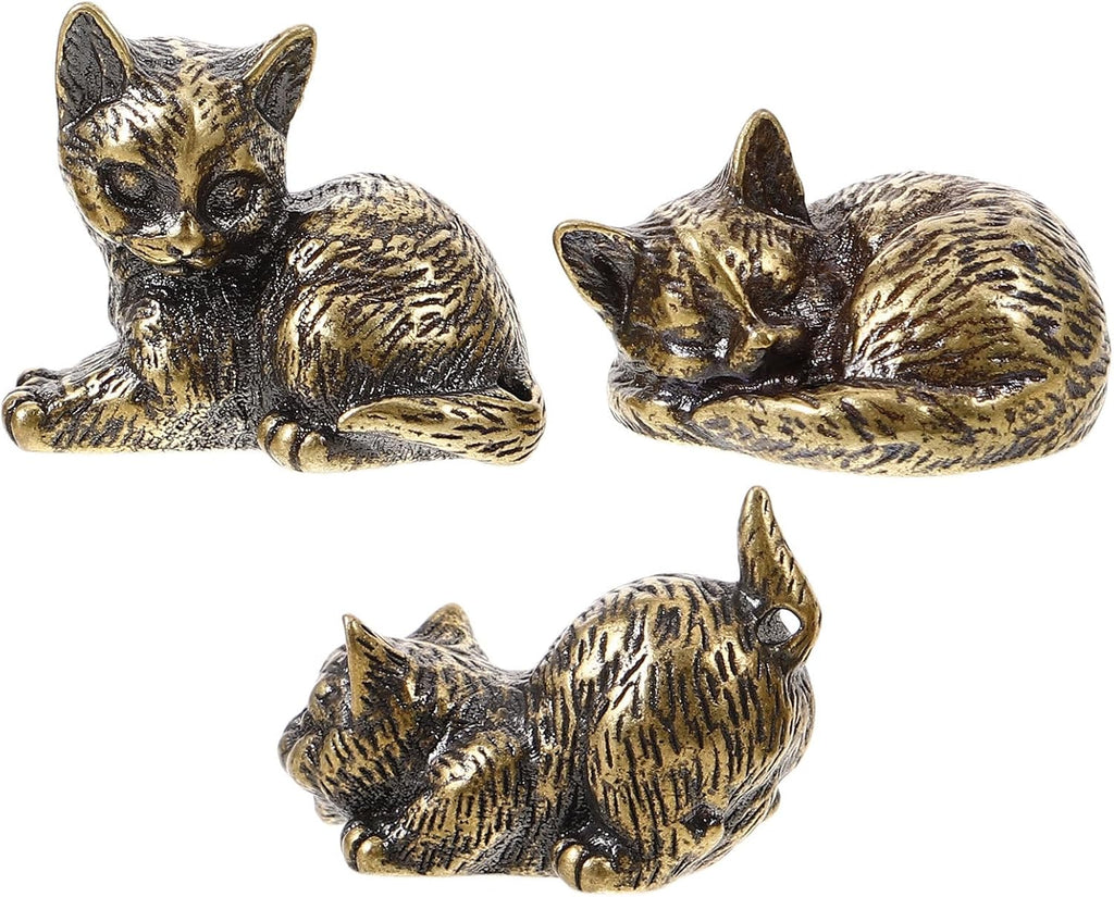 3Pcs Brass Cat Figurines, Tiny Kitten Statue for Cat Lovers Present, Miniature Metal Animal Sculpture for Tea Pet, Home Office Paperweight Desk Decor 1.1 X 0.94 Inch