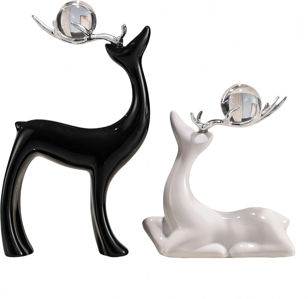 Ceramic Reindeer Pendulum Set with Crystal Balls, Black and White Reindeer Statue for Home Decor, Living Room, Office Bedroom Modern Sculpture Ornament
