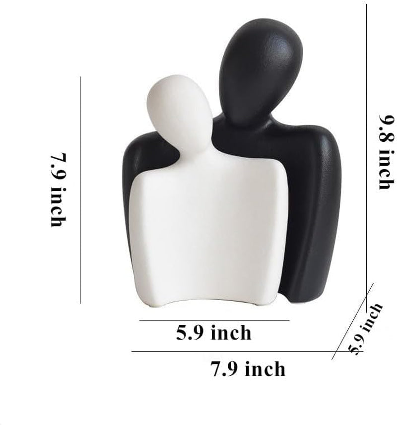 Ceramic Couple Statues - Hugging Couple Figurines for Shelf and Table, Modern Romantic Sculptures for Living Room, Bedroom, Office Decor - Black White