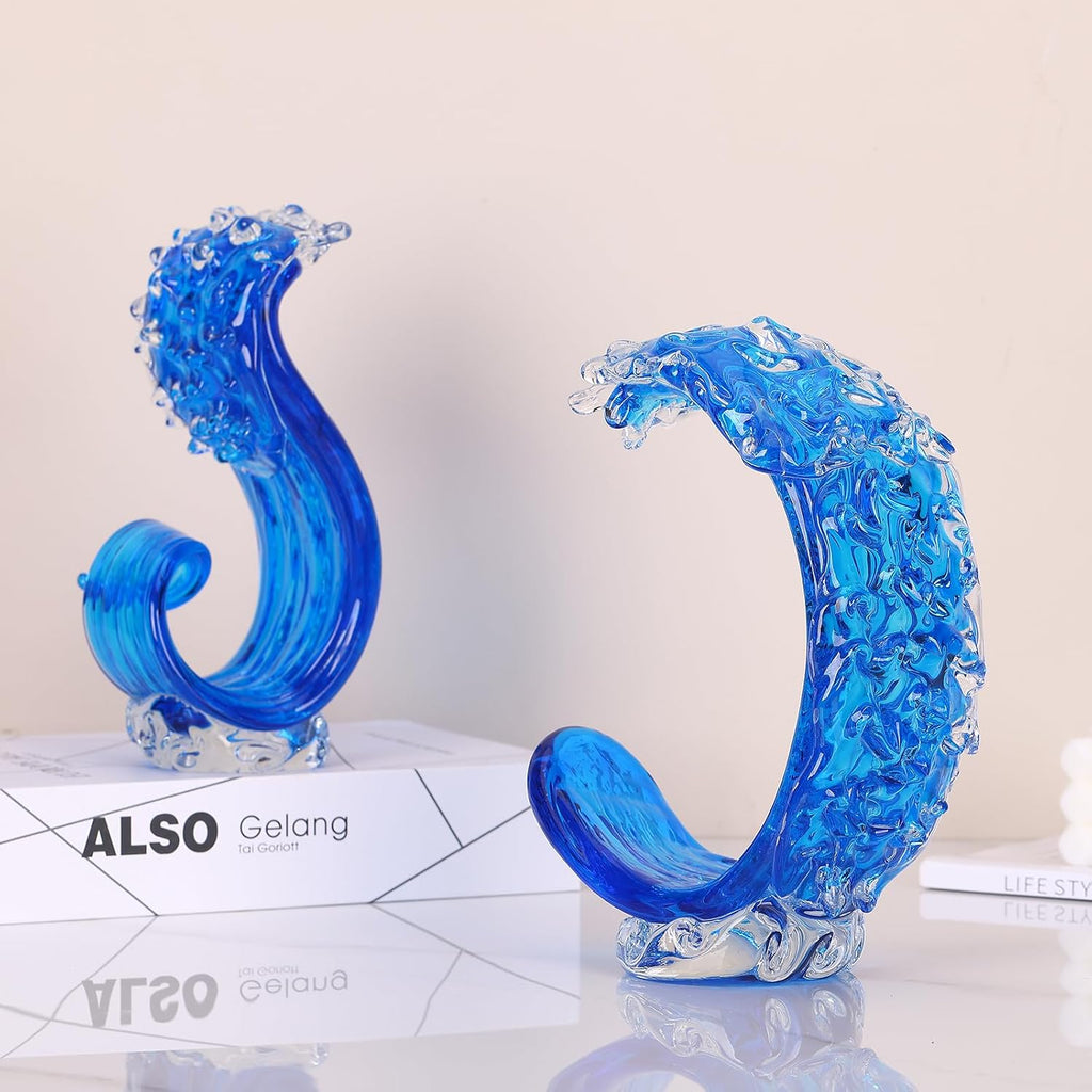 Blue Glass Beach House Decor, Hand Blown Ocean Wave Decorate, Tall Blue Glass Sculpture Home Decor, Ocean Wave Fused Art Figurines, for Sea Art Beach Coastal Nautical Office Surfers Gifts
