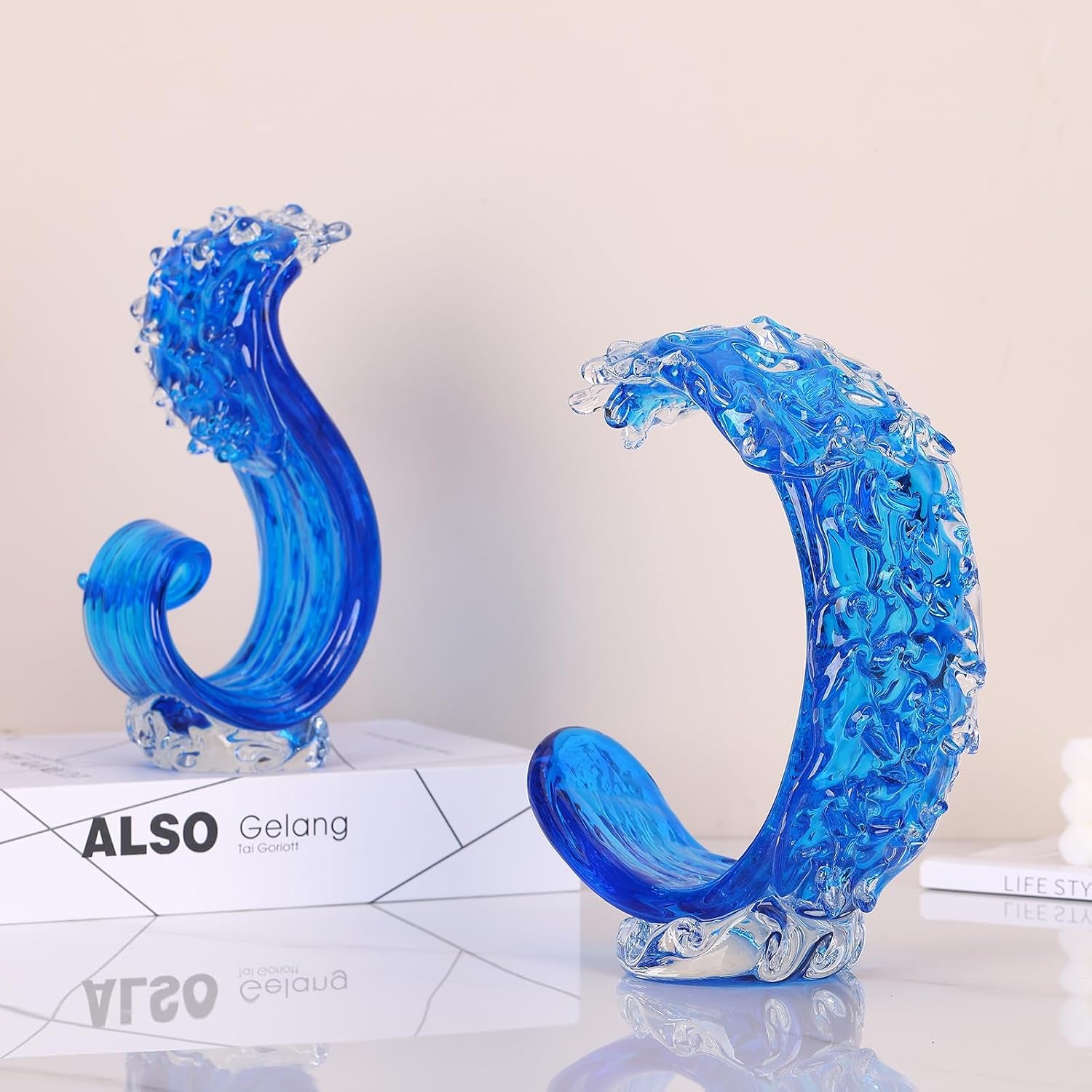Blue Glass Beach House Decor, Hand Blown Ocean Wave Decorate, Tall Blue Glass Sculpture Home Decor, Ocean Wave Fused Art Figurines, for Sea Art Beach Coastal Nautical Office Surfers Gifts