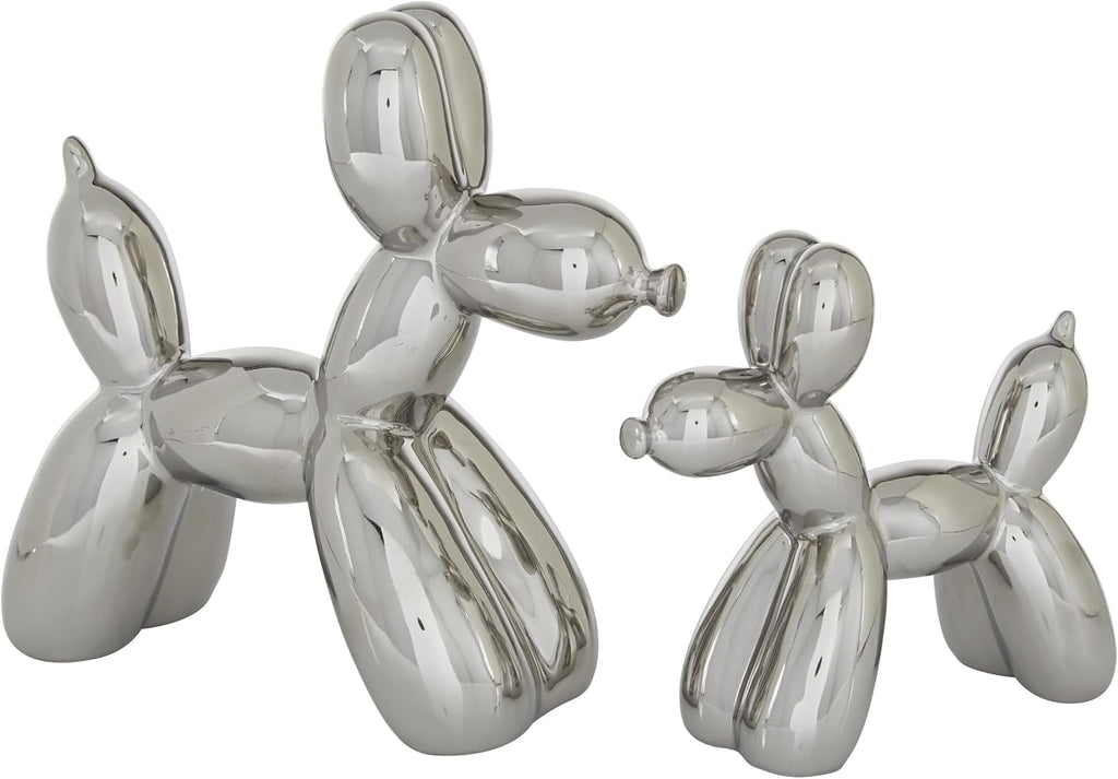 Deco 79 Porcelain Ceramic Dog Sculpture, Set of 2 Sculpture 9", 7"H, Silver | Decorative Dog Animals Balloon Home Decor Statues Statue Figurine