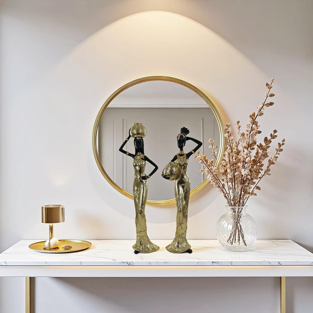 Set of 2 Resin African Women Statues – Gold Tribal Figurines with Pots, Afrocentric Ethnic Sculpture for Home Decor, Elegant African Lady Decor for Living Room, Shelf, Gift