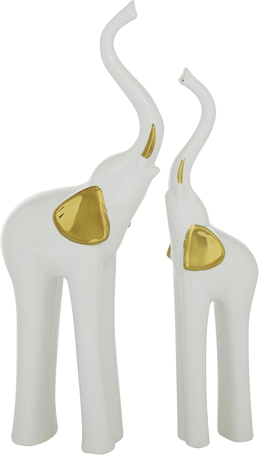 Deco 79 Porcelain Ceramic Sculpture, Set of 2 Sculpture 4"W, 14"H, Gold | Decorative Elephant Animals Home Decor Statues Statue Figurine