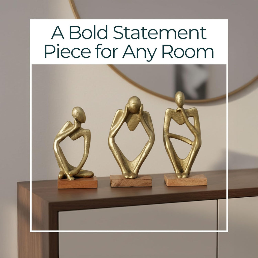 Three Piece Deep Thoughts Figurine Set - Contemporary Gold Thinking Figures - Set of 3 Abstract Decorative Person Statues for Home or Office Decor Accent