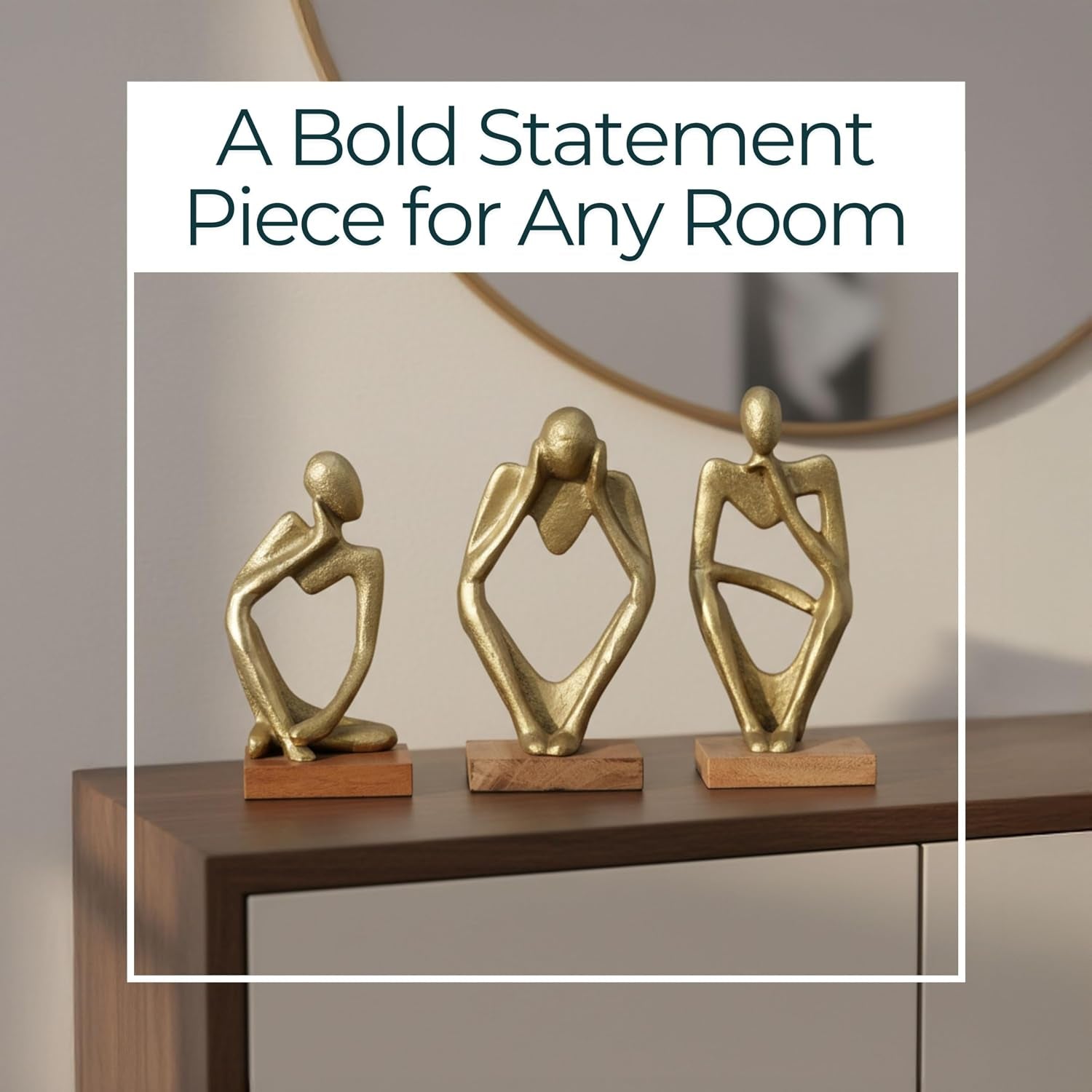 Three Piece Deep Thoughts Figurine Set - Contemporary Gold Thinking Figures - Set of 3 Abstract Decorative Person Statues for Home or Office Decor Accent