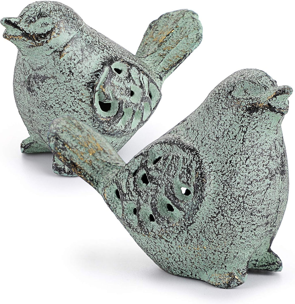2PCS Cast Iron Green Bird Sculptures - Outdoor & Indoor Small Birds Statues, Hollow Carved Bird Figurines Ornaments Decorative Animal Figurines for Garden Patio Home Decors