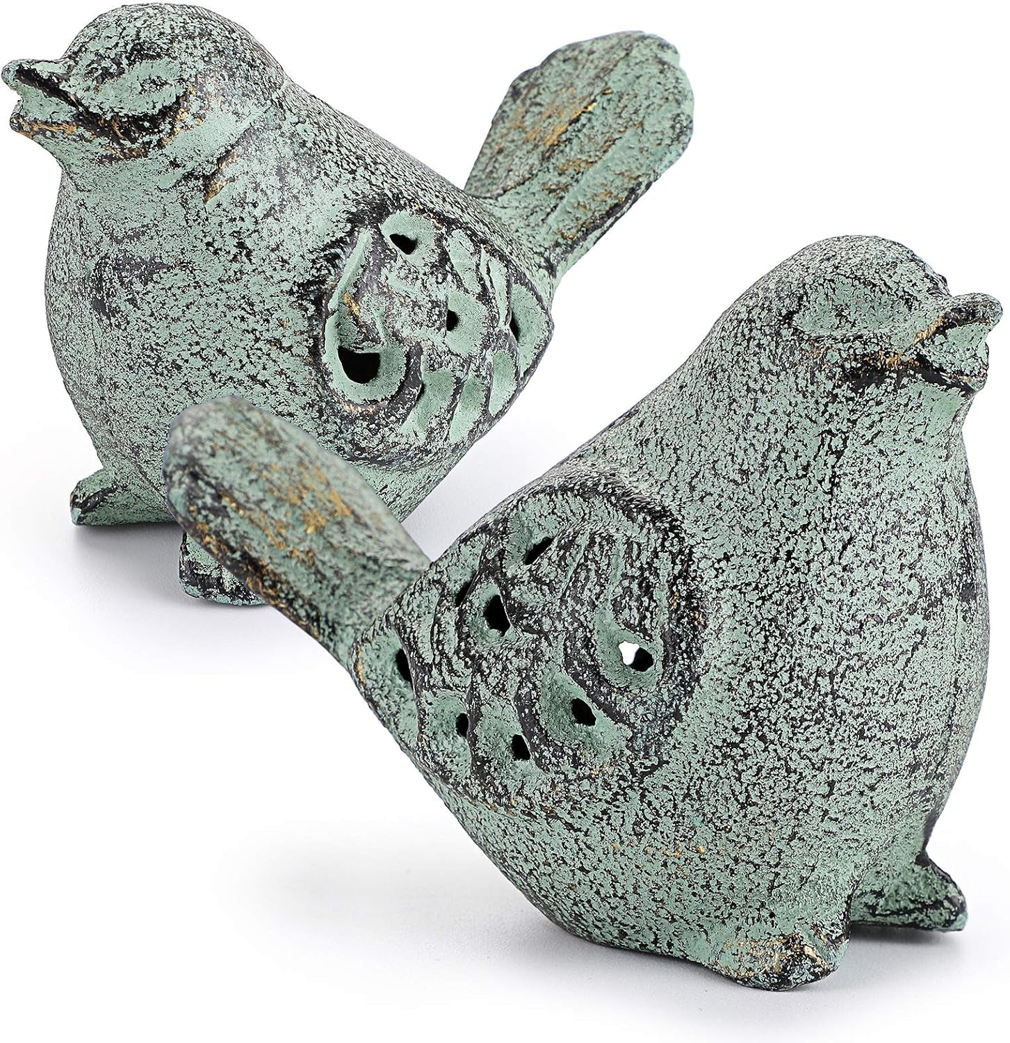 2PCS Cast Iron Green Bird Sculptures - Outdoor & Indoor Small Birds Statues, Hollow Carved Bird Figurines Ornaments Decorative Animal Figurines for Garden Patio Home Decors