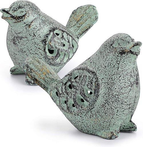 2PCS Cast Iron Green Bird Sculptures - Outdoor & Indoor Small Birds Statues, Hollow Carved Bird Figurines Ornaments Decorative Animal Figurines for Garden Patio Home Decors