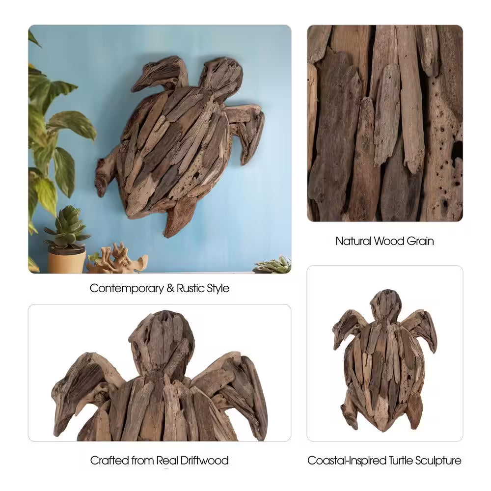 Brown 16 In. X 3 In. Driftwood Coastal Turtle Figurine Handcrafted Sculpture