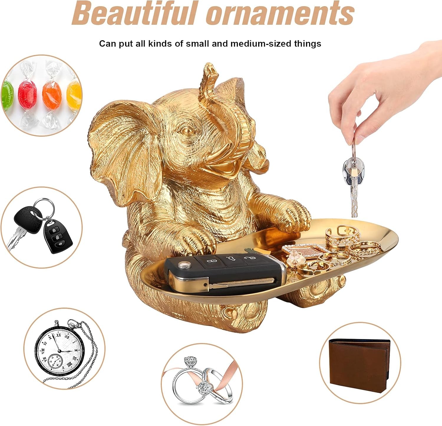 Gold Elephant Statue for Home Decor Accents Living Room Bookshelf TV Stand Office. Trinket Dish. Retirement Appreciation Gift -Gift for Mom Boss Co-Workers, Teachers, Nurse, Friends, Wife, Sister