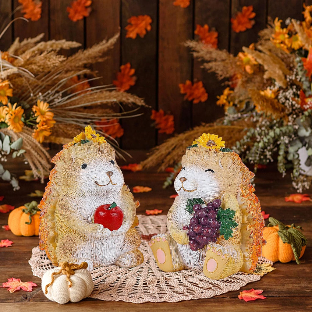Fall Decorations for Home, 2 Packs Harvest Hedgehog Resin Sculpture with Maple Leaves & Fruits, Autumn Tabletop Ornaments Craft Decor for Thanksgiving and Fall Season