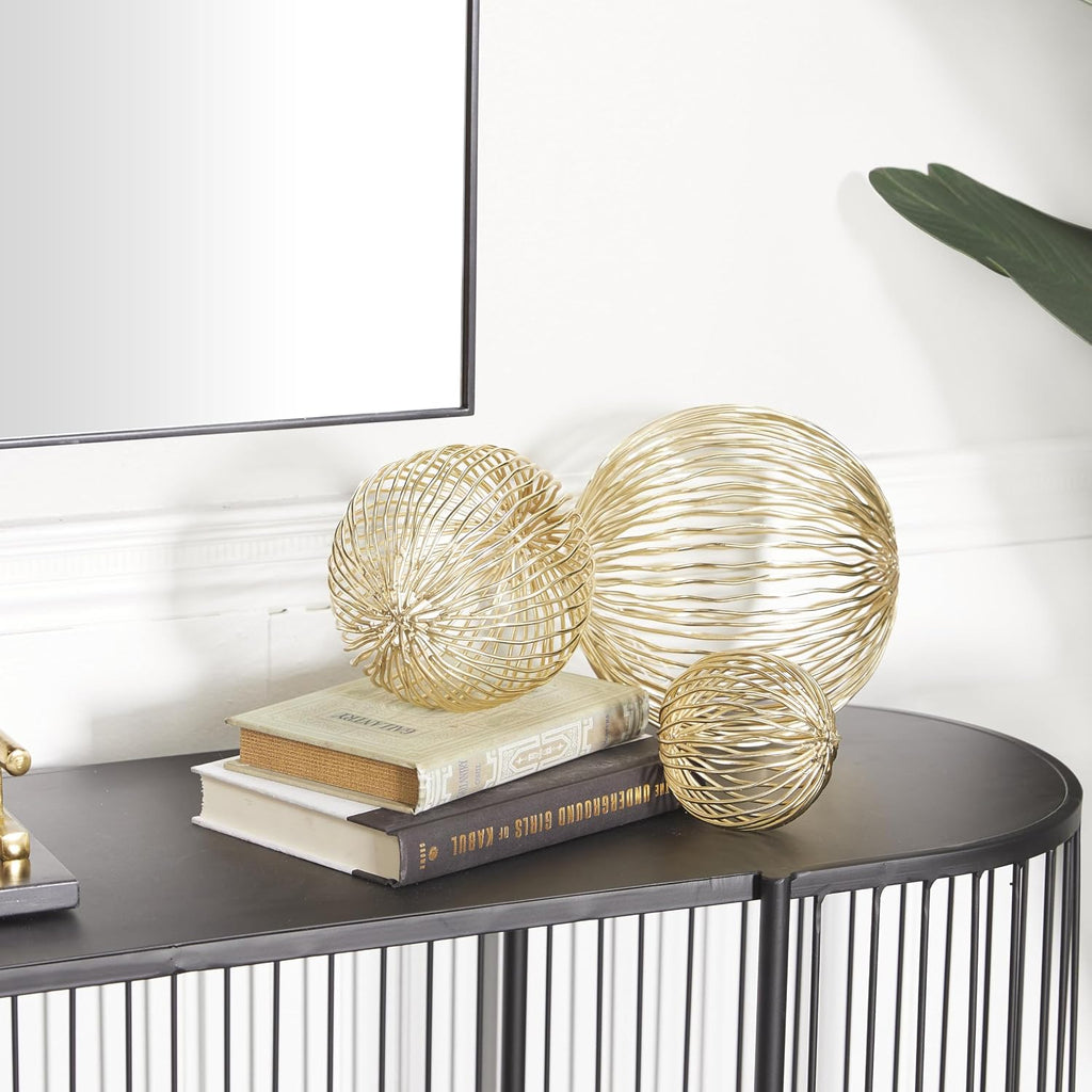 Metal Geometric Decorative Sculpture Home Decor Statues, Set of 3 Accent Figurines 8", 6", 4"H, Gold