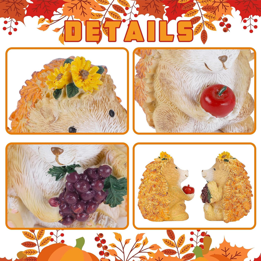 Fall Decorations for Home, 2 Packs Harvest Hedgehog Resin Sculpture with Maple Leaves & Fruits, Autumn Tabletop Ornaments Craft Decor for Thanksgiving and Fall Season