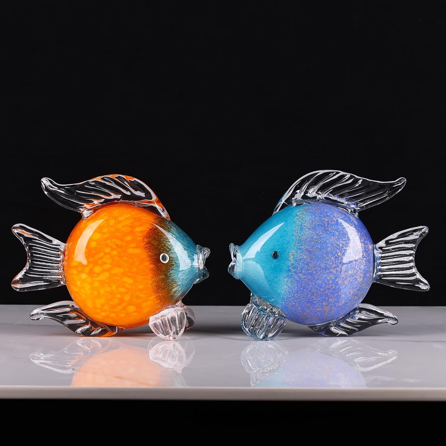 Large Glass Fish Figurines Hand Blown Glass Fish Statue and Sculpture Home Decor, Murano Animal Tropical Sea Glass Paperweights for Desk, Glass Aquarium Coastal Beach Decorative (Orange)