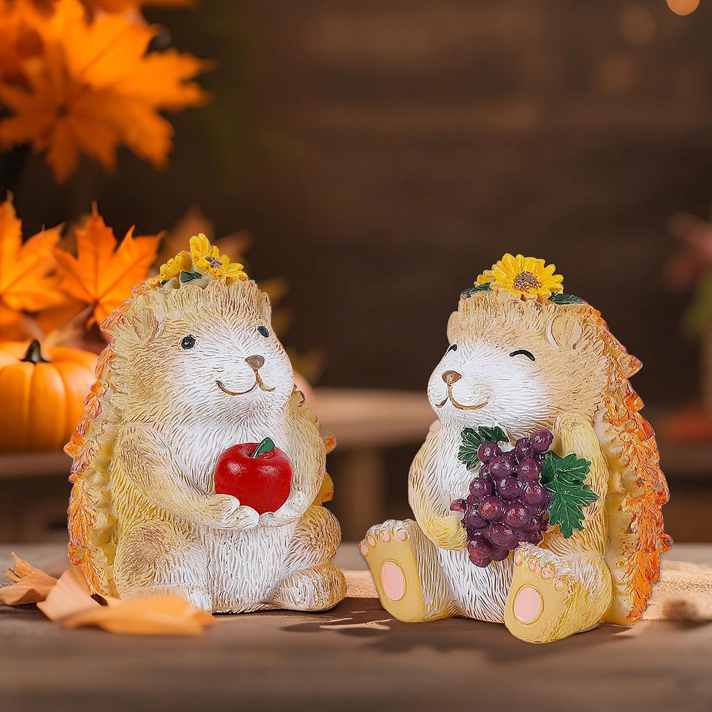 Fall Decorations for Home, 2 Packs Harvest Hedgehog Resin Sculpture with Maple Leaves & Fruits, Autumn Tabletop Ornaments Craft Decor for Thanksgiving and Fall Season