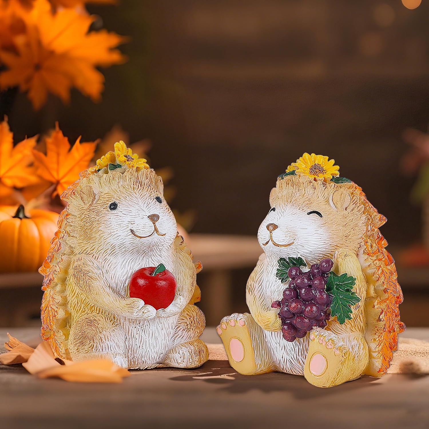 Fall Decorations for Home, 2 Packs Harvest Hedgehog Resin Sculpture with Maple Leaves & Fruits, Autumn Tabletop Ornaments Craft Decor for Thanksgiving and Fall Season