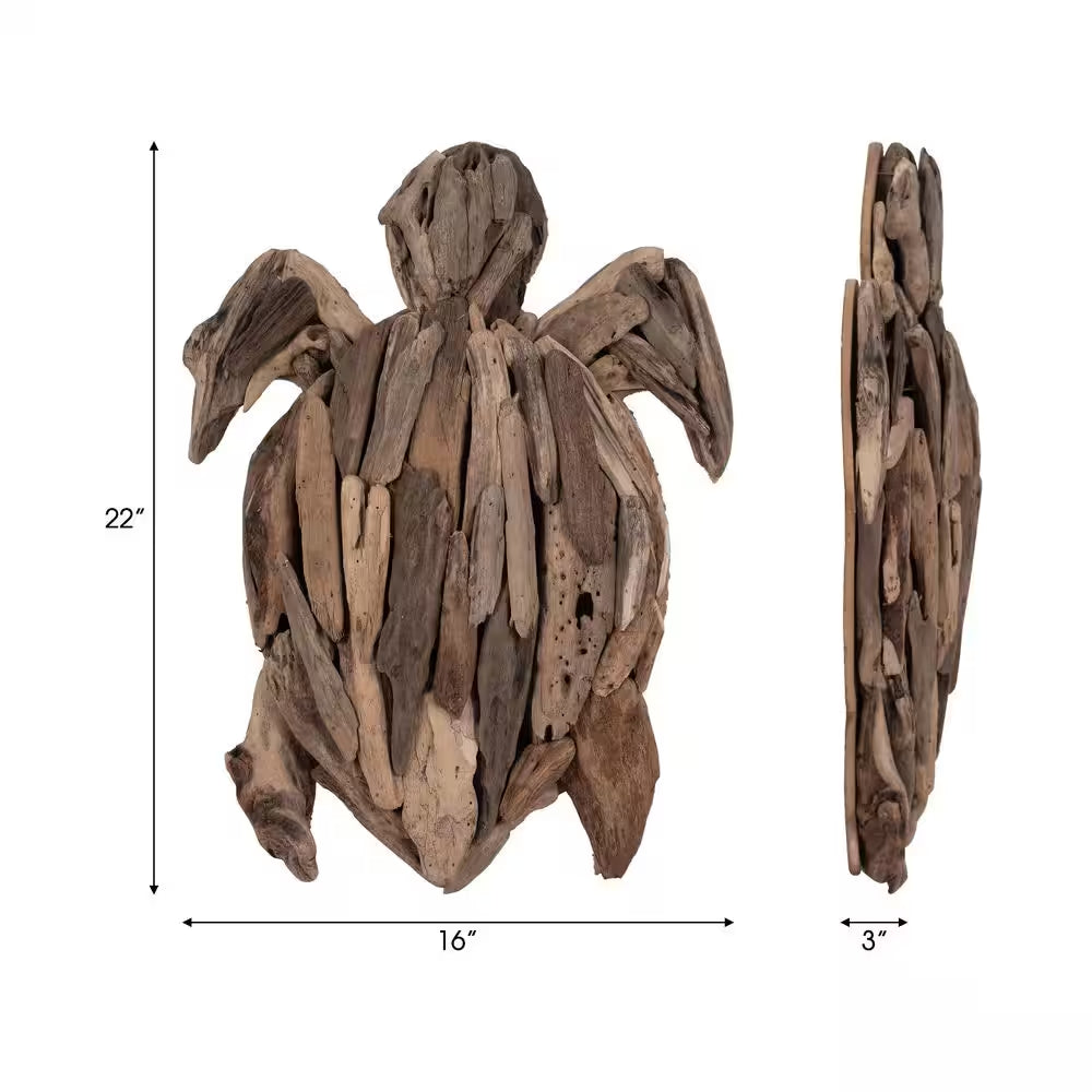 Brown 16 In. X 3 In. Driftwood Coastal Turtle Figurine Handcrafted Sculpture