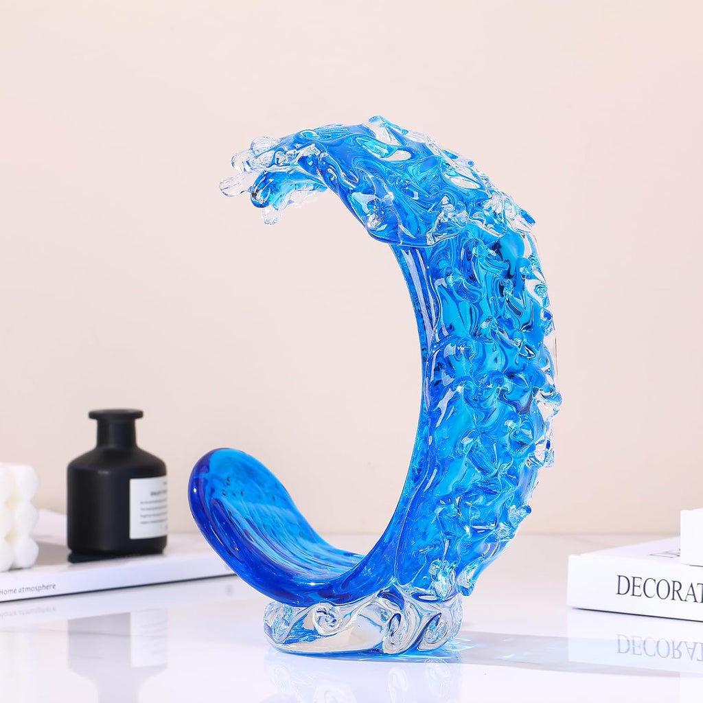Blue Glass Beach House Decor, Hand Blown Ocean Wave Decorate, Tall Blue Glass Sculpture Home Decor, Ocean Wave Fused Art Figurines, for Sea Art Beach Coastal Nautical Office Surfers Gifts