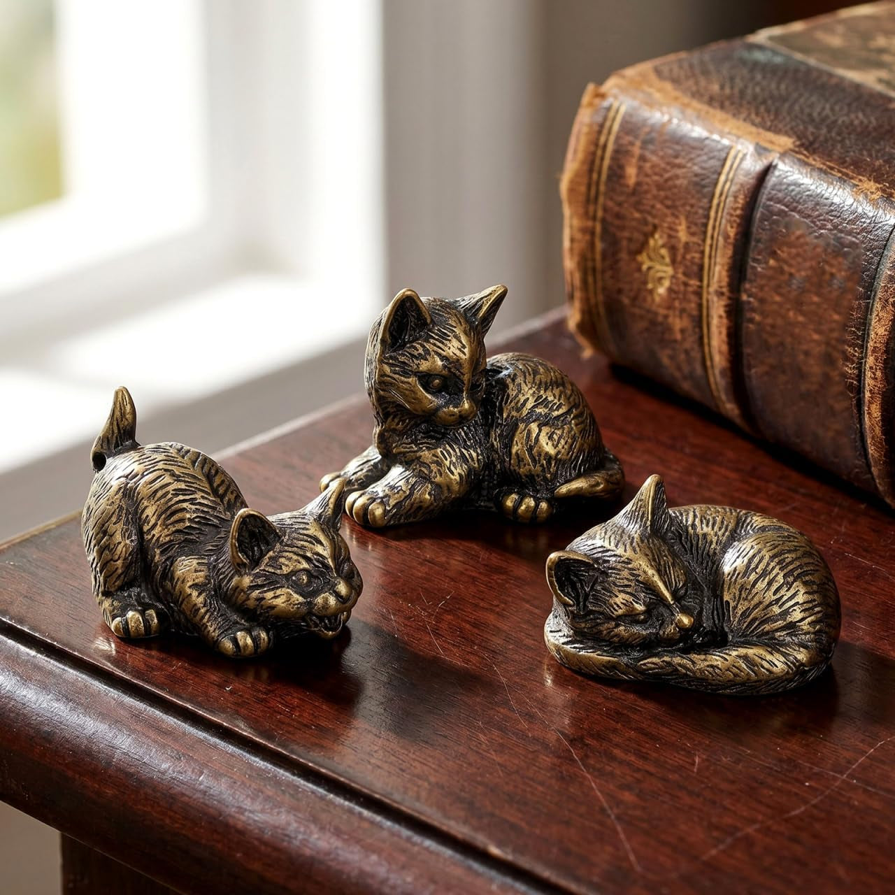 3Pcs Brass Cat Figurines, Tiny Kitten Statue for Cat Lovers Present, Miniature Metal Animal Sculpture for Tea Pet, Home Office Paperweight Desk Decor 1.1 X 0.94 Inch