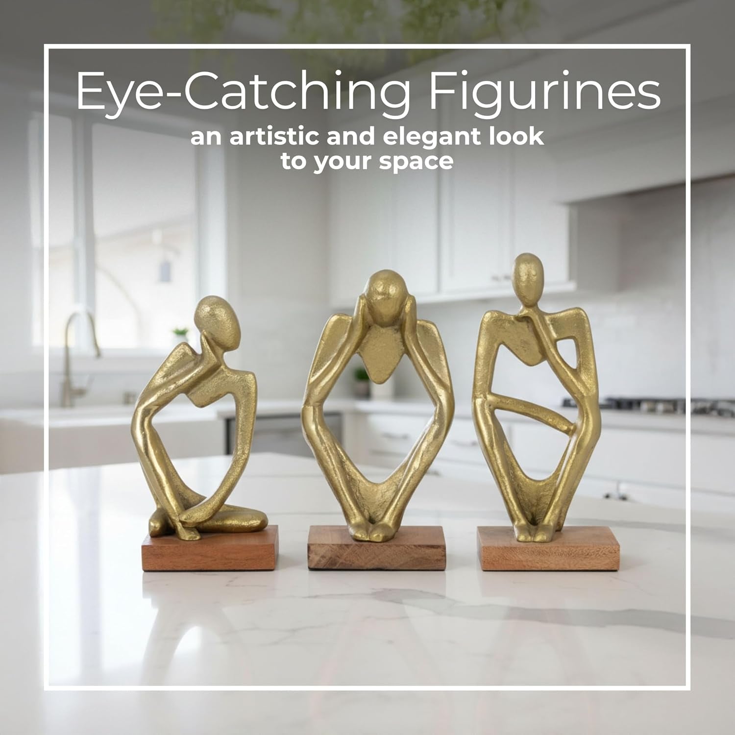 Three Piece Deep Thoughts Figurine Set - Contemporary Gold Thinking Figures - Set of 3 Abstract Decorative Person Statues for Home or Office Decor Accent