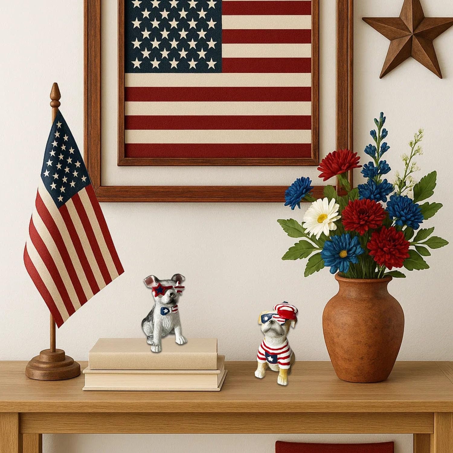 Patriotic Dogs Figurines Set of 2 – American Flag Design Decorative Puppy Statues, Red White and Blue, Stars and Stripes Theme, 4Th of July Americana Home Decor for Tabletop, Shelf, or Mantel Display