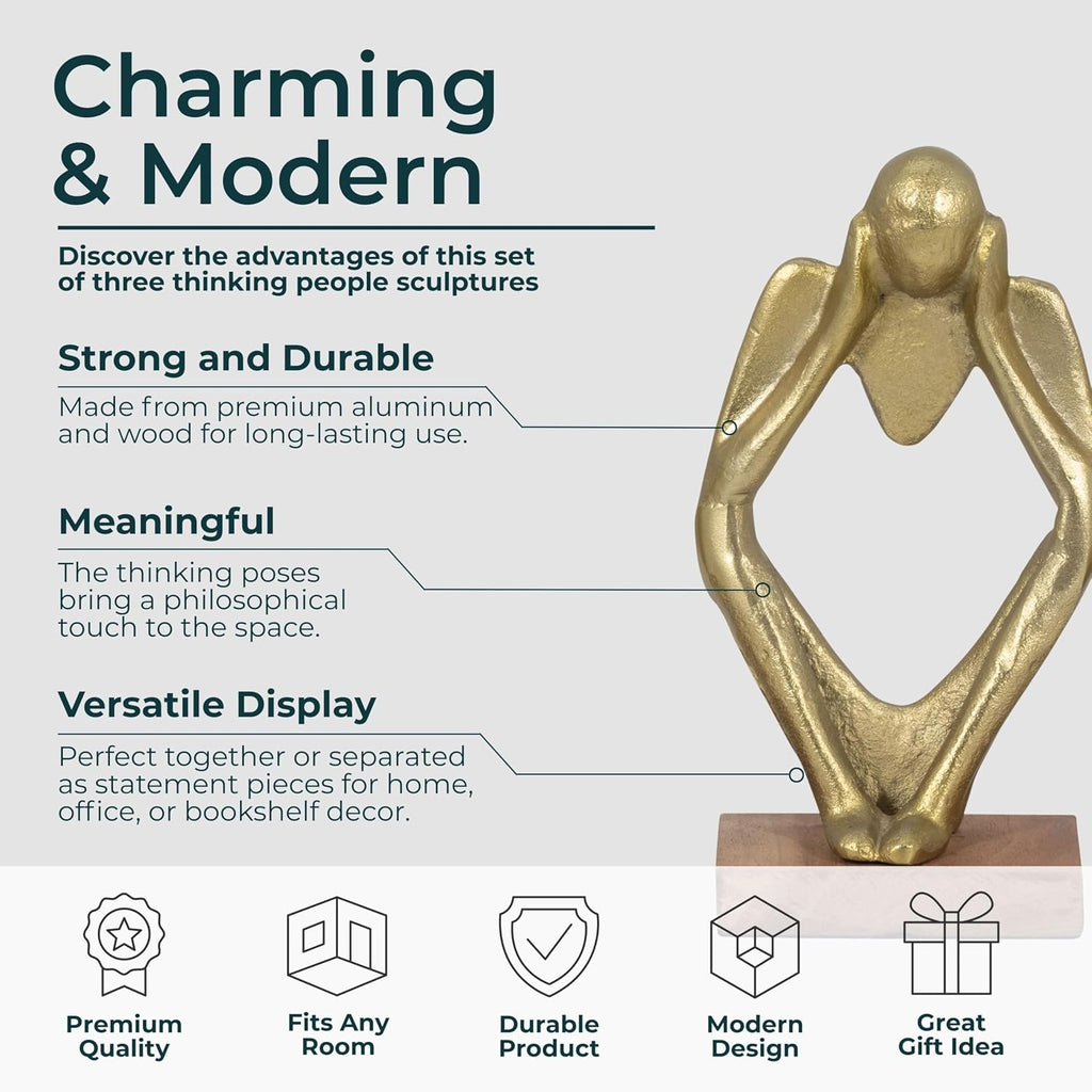 Three Piece Deep Thoughts Figurine Set - Contemporary Gold Thinking Figures - Set of 3 Abstract Decorative Person Statues for Home or Office Decor Accent