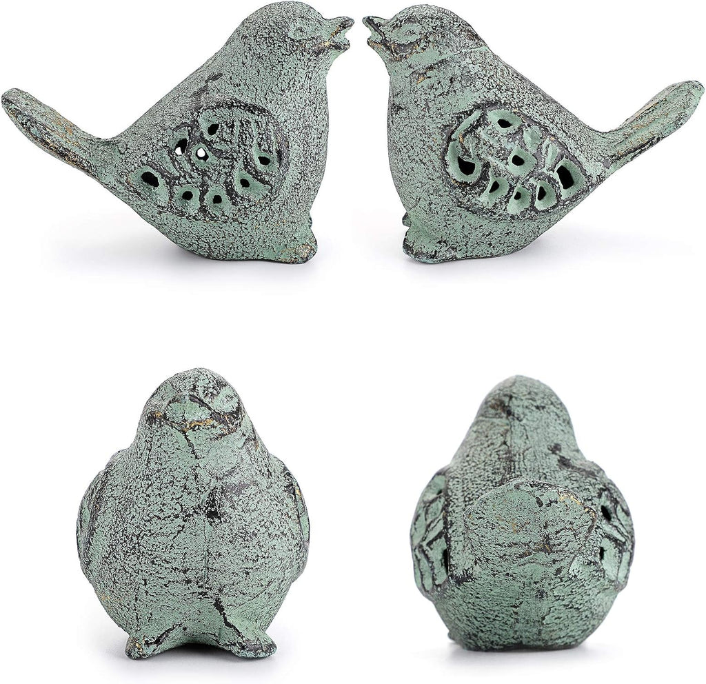 2PCS Cast Iron Green Bird Sculptures - Outdoor & Indoor Small Birds Statues, Hollow Carved Bird Figurines Ornaments Decorative Animal Figurines for Garden Patio Home Decors