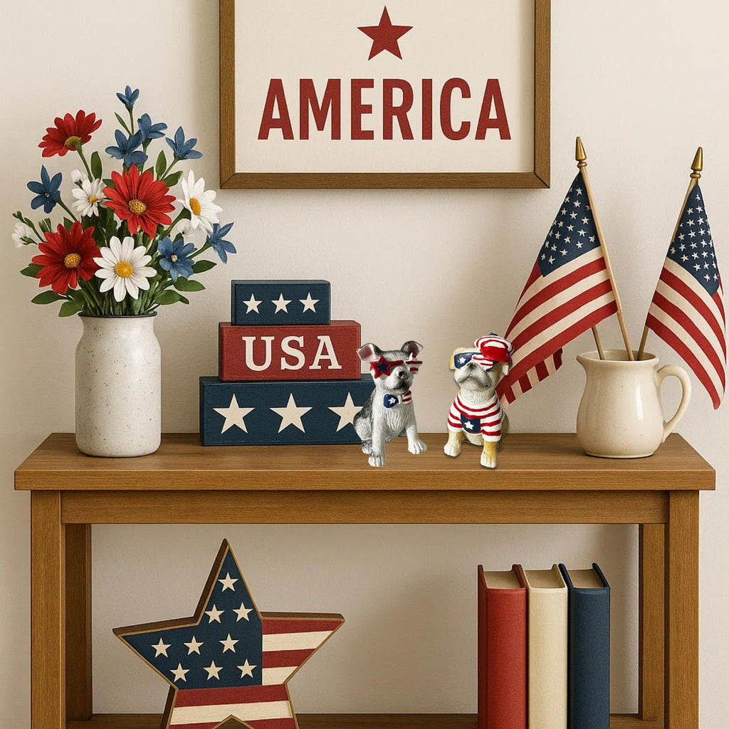 Patriotic Dogs Figurines Set of 2 – American Flag Design Decorative Puppy Statues, Red White and Blue, Stars and Stripes Theme, 4Th of July Americana Home Decor for Tabletop, Shelf, or Mantel Display