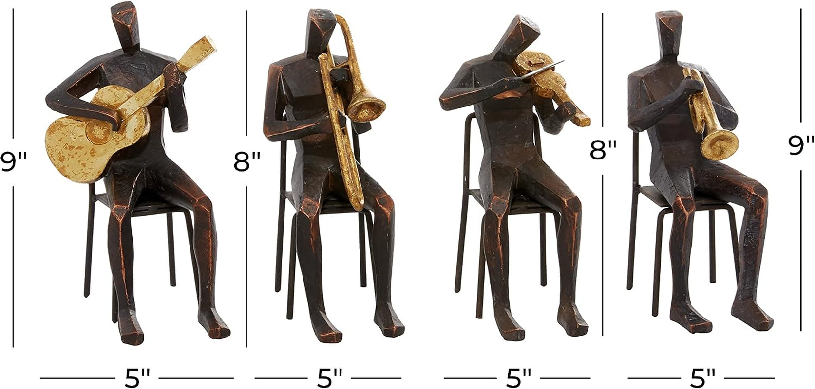 Deco 79 Polystone Musician Decorative Sculpture Home Decor Statues with Gold Instruments, Set of 4 Accent Figurines 5"W, 8"H, Brown