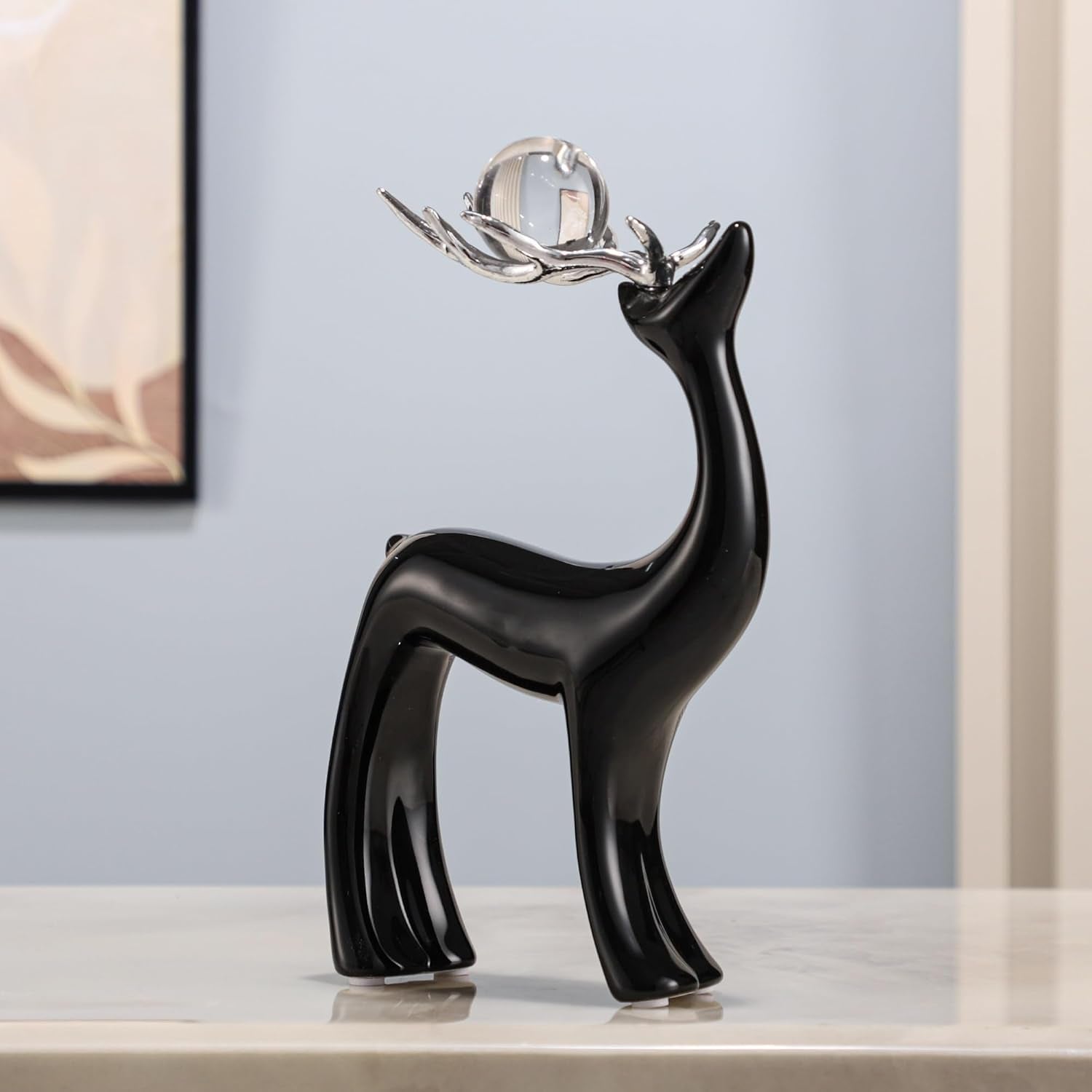 Ceramic Reindeer Pendulum Set with Crystal Balls, Black and White Reindeer Statue for Home Decor, Living Room, Office Bedroom Modern Sculpture Ornament