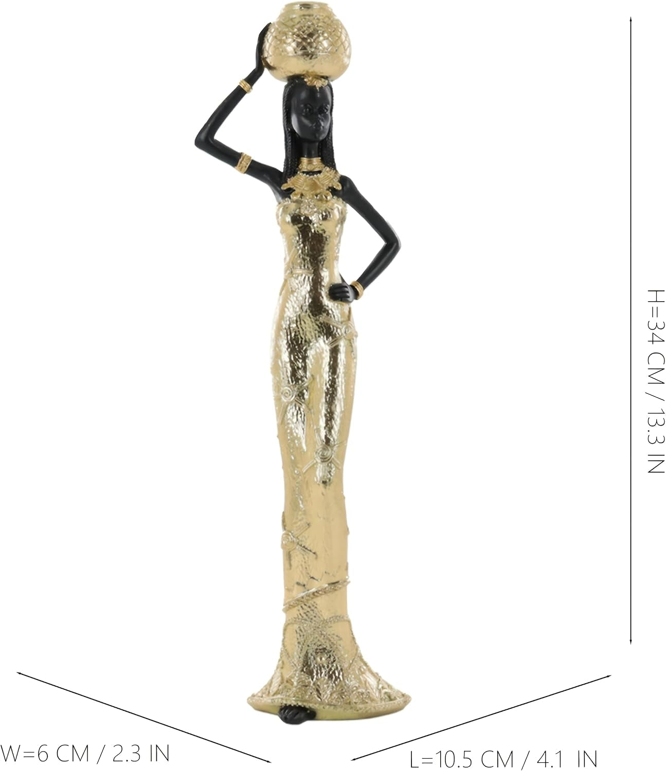 Set of 2 Resin African Women Statues – Gold Tribal Figurines with Pots, Afrocentric Ethnic Sculpture for Home Decor, Elegant African Lady Decor for Living Room, Shelf, Gift