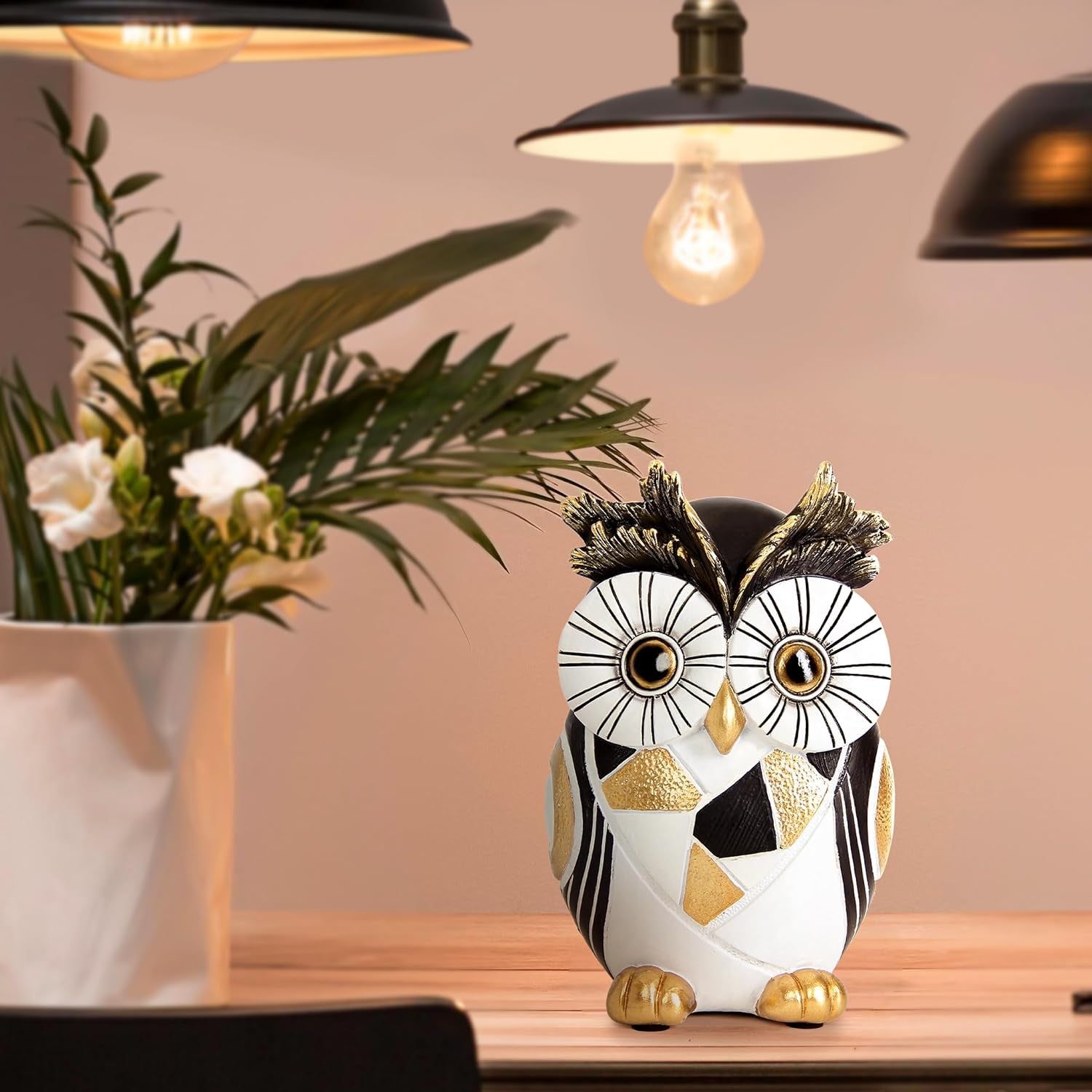 Modern Black and Gold Owl Statue Unique Minimalist Owl Figurine for Home Decor Shelves, Bookshelves, Office Desk Accents Whimsical Animal Sculpture Art Deco Gift for Woman Mom Bird Lovers