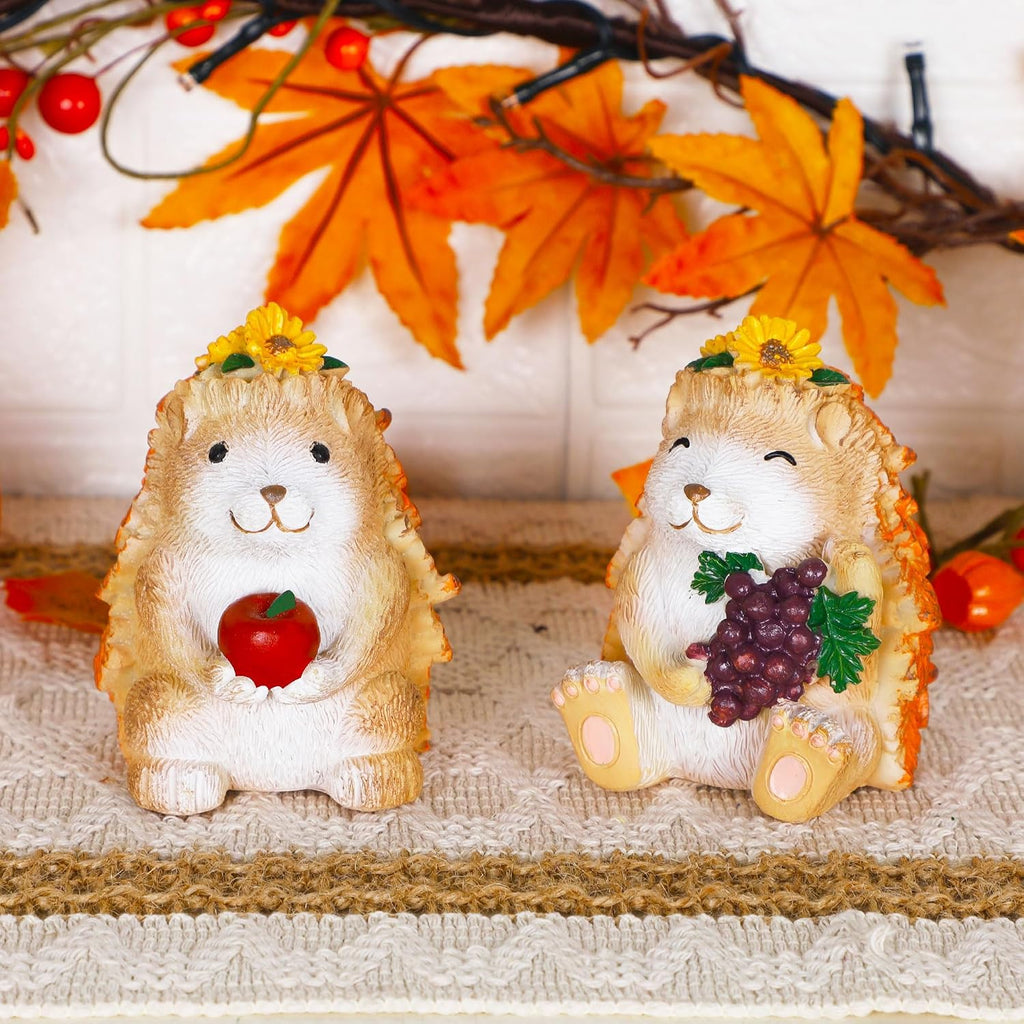 Fall Decorations for Home, 2 Packs Harvest Hedgehog Resin Sculpture with Maple Leaves & Fruits, Autumn Tabletop Ornaments Craft Decor for Thanksgiving and Fall Season