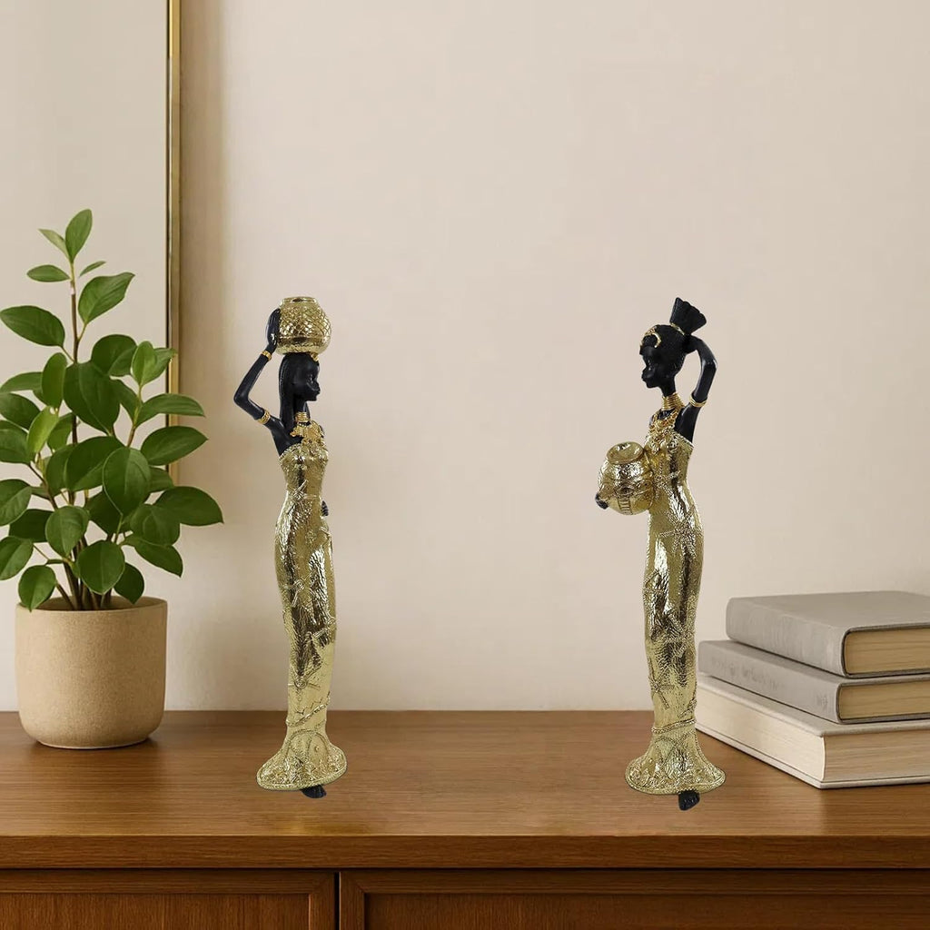 Set of 2 Resin African Women Statues – Gold Tribal Figurines with Pots, Afrocentric Ethnic Sculpture for Home Decor, Elegant African Lady Decor for Living Room, Shelf, Gift