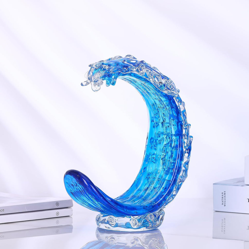 Blue Glass Beach House Decor, Hand Blown Ocean Wave Decorate, Tall Blue Glass Sculpture Home Decor, Ocean Wave Fused Art Figurines, for Sea Art Beach Coastal Nautical Office Surfers Gifts