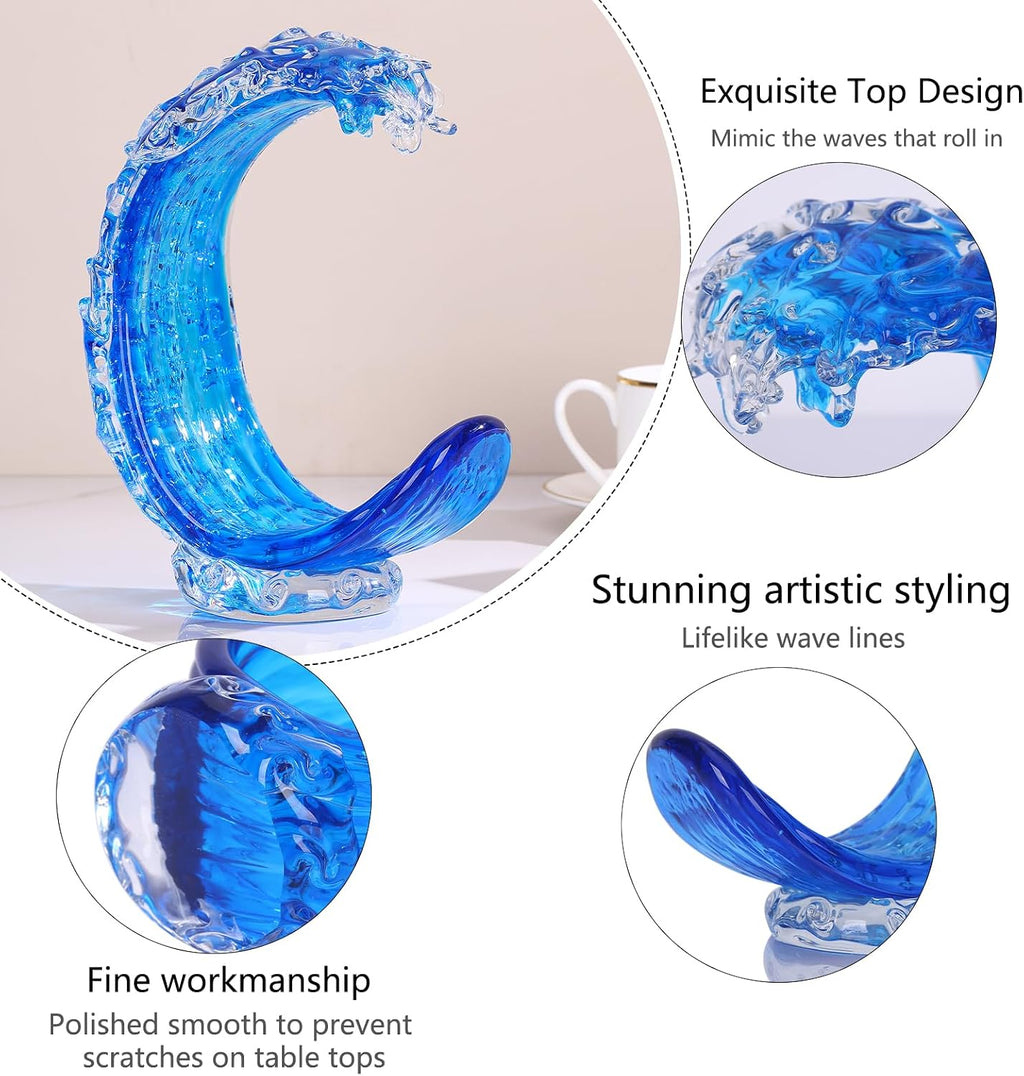 Blue Glass Beach House Decor, Hand Blown Ocean Wave Decorate, Tall Blue Glass Sculpture Home Decor, Ocean Wave Fused Art Figurines, for Sea Art Beach Coastal Nautical Office Surfers Gifts