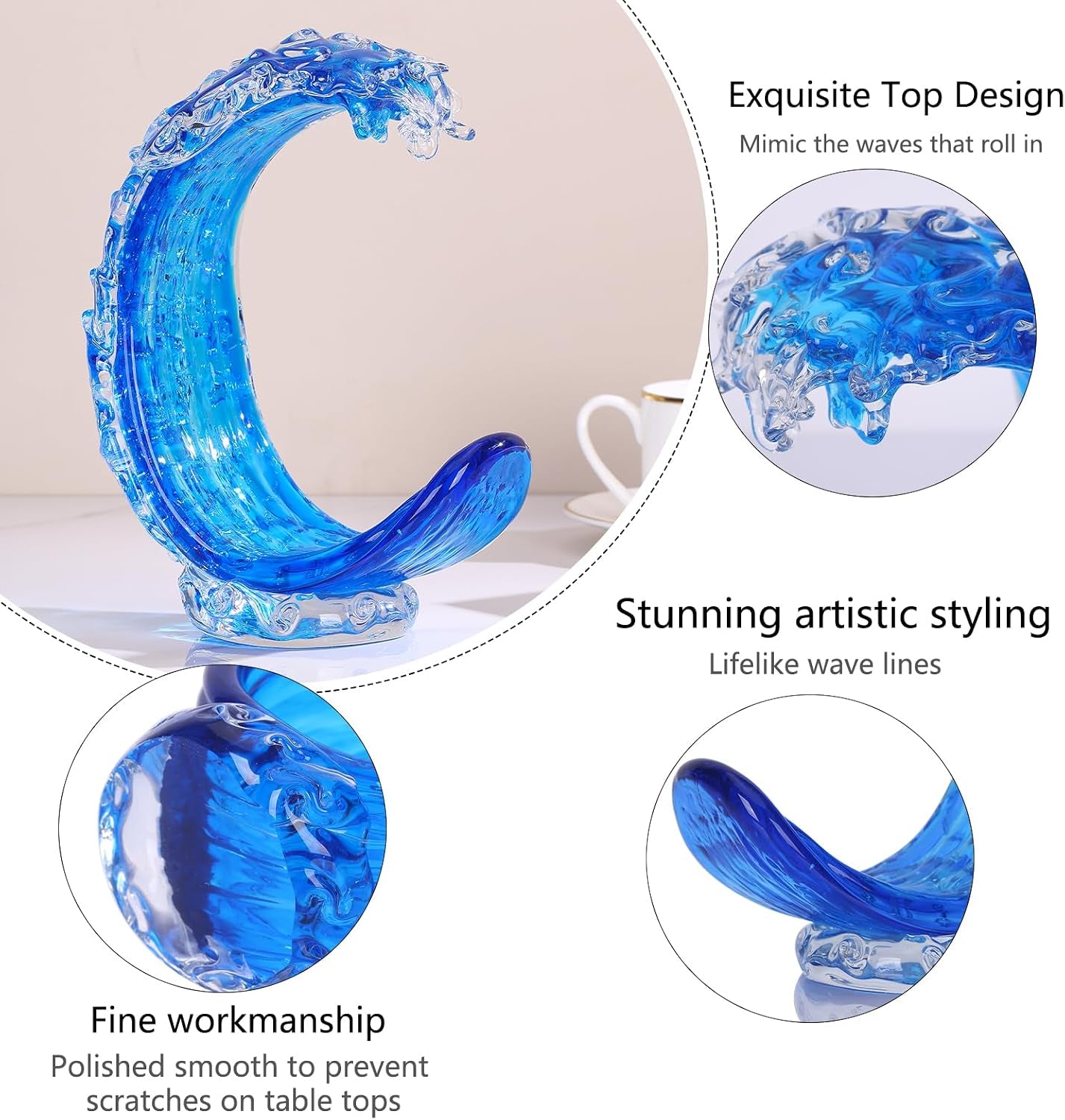 Blue Glass Beach House Decor, Hand Blown Ocean Wave Decorate, Tall Blue Glass Sculpture Home Decor, Ocean Wave Fused Art Figurines, for Sea Art Beach Coastal Nautical Office Surfers Gifts