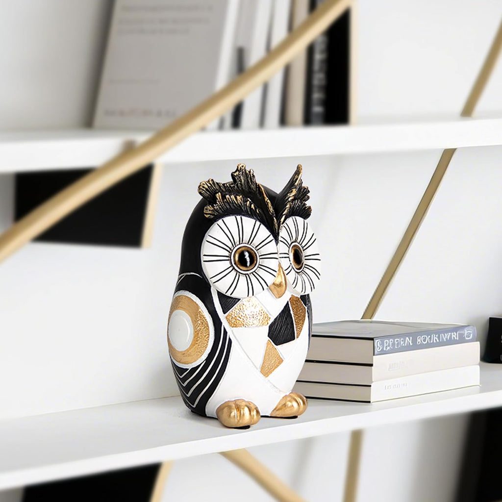 Modern Black and Gold Owl Statue Unique Minimalist Owl Figurine for Home Decor Shelves, Bookshelves, Office Desk Accents Whimsical Animal Sculpture Art Deco Gift for Woman Mom Bird Lovers
