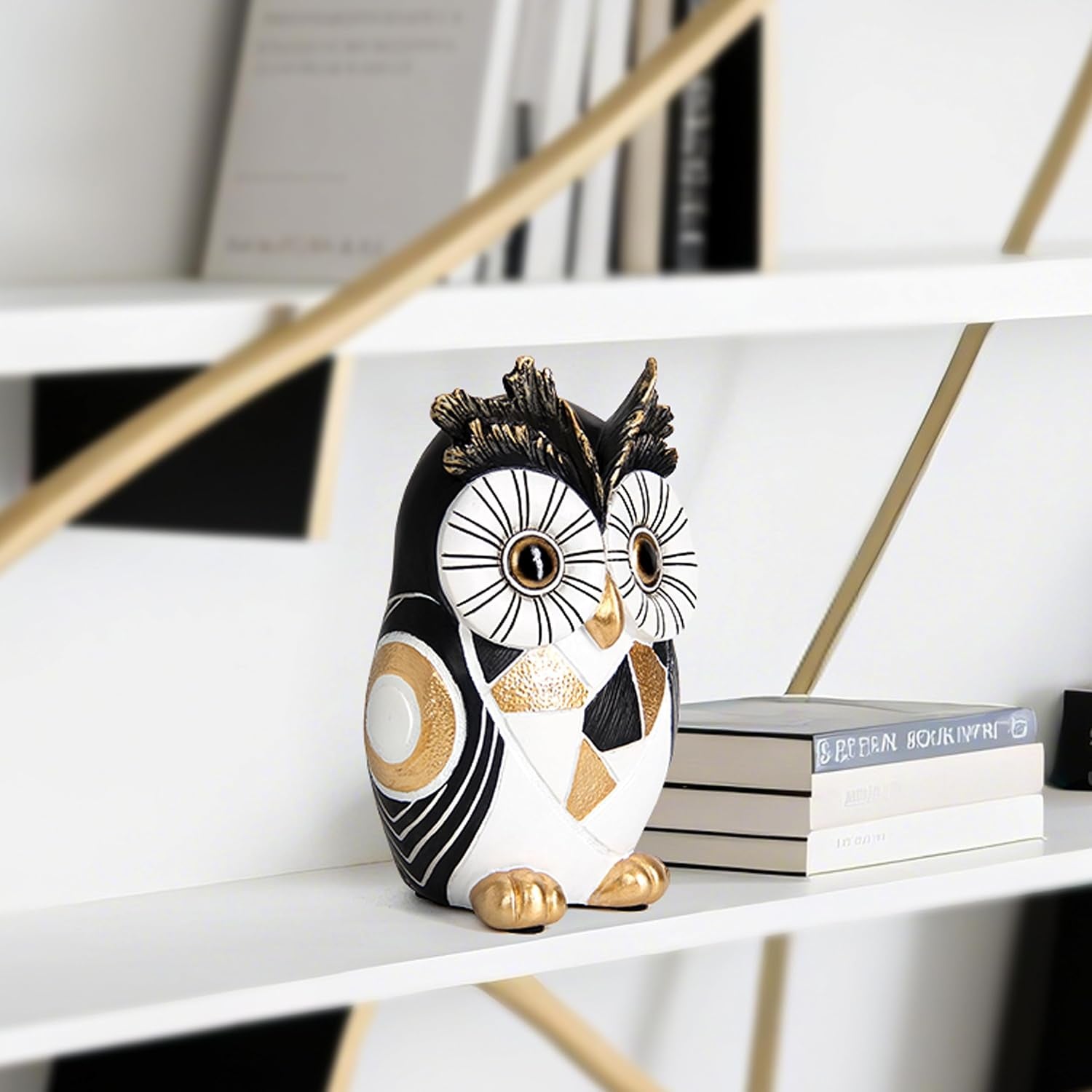 Modern Black and Gold Owl Statue Unique Minimalist Owl Figurine for Home Decor Shelves, Bookshelves, Office Desk Accents Whimsical Animal Sculpture Art Deco Gift for Woman Mom Bird Lovers
