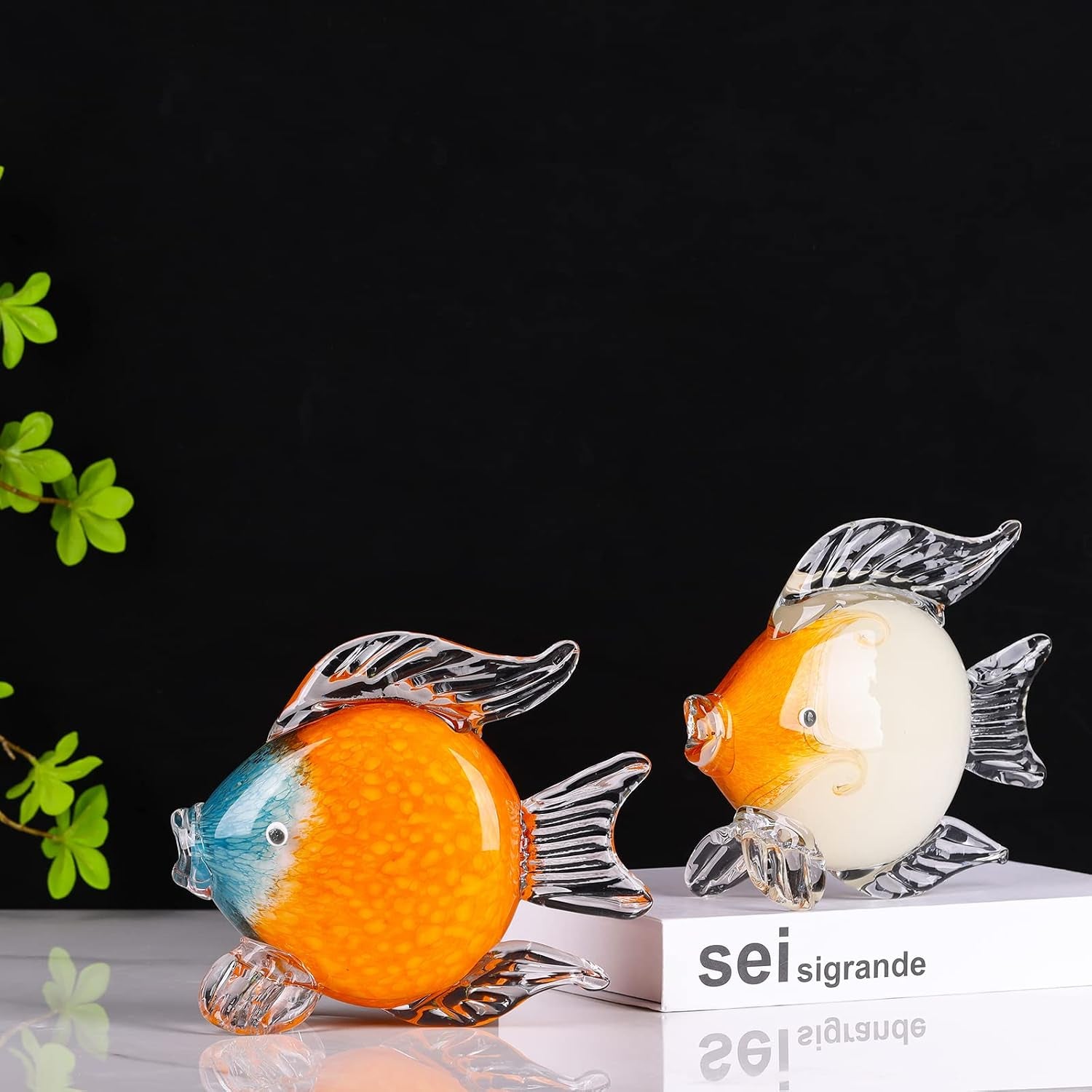 Large Glass Fish Figurines Hand Blown Glass Fish Statue and Sculpture Home Decor, Murano Animal Tropical Sea Glass Paperweights for Desk, Glass Aquarium Coastal Beach Decorative (Orange)