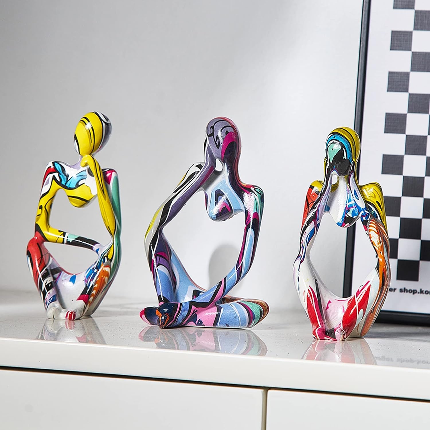 Colorful Graffiti Thinker Statue Sculptures-Colorful Decor for Home,Office, Living Room,Shelf,Bookshelf-Collectible Figurines-3Pcs