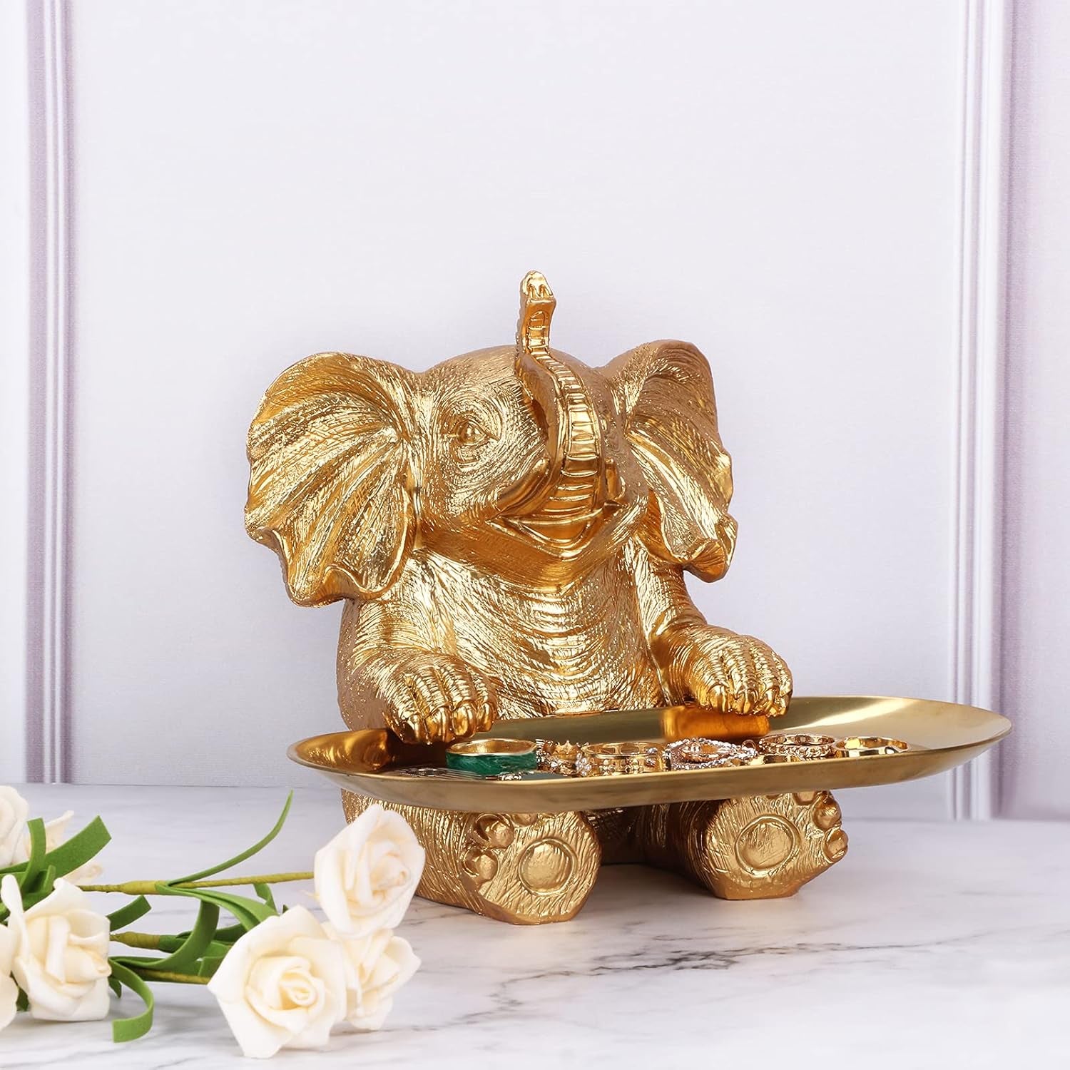Gold Elephant Statue for Home Decor Accents Living Room Bookshelf TV Stand Office. Trinket Dish. Retirement Appreciation Gift -Gift for Mom Boss Co-Workers, Teachers, Nurse, Friends, Wife, Sister