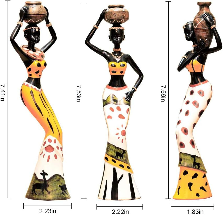 3 Pack African Women Sculpture, 7.5" Exotic Tribal Lady Figurine, Black Statue Home Office Decor, Vintage Collectible Art Crafts Desktop Ornaments Decorations Gift (Yellow)