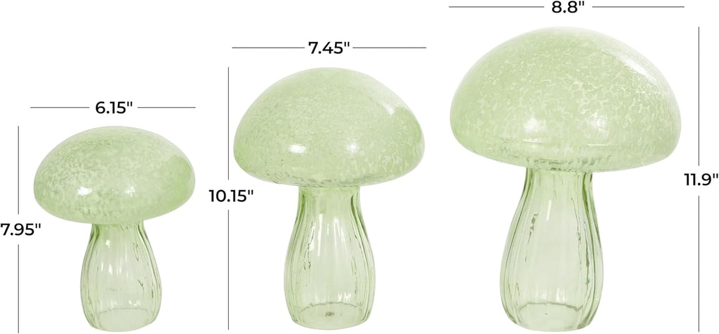 Deco 79 Glass Mushroom Decorative Sculpture Textured Home Decor Statues, Set of 3 Accent Figurines 12", 10", 8"H, Green