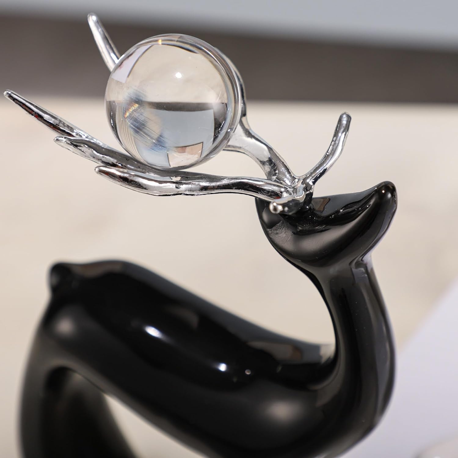 Ceramic Reindeer Pendulum Set with Crystal Balls, Black and White Reindeer Statue for Home Decor, Living Room, Office Bedroom Modern Sculpture Ornament