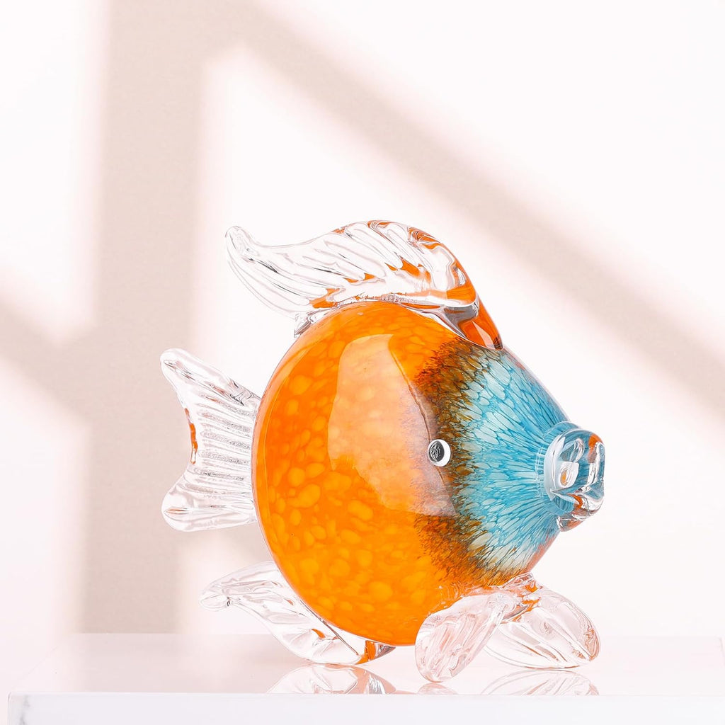 Large Glass Fish Figurines Hand Blown Glass Fish Statue and Sculpture Home Decor, Murano Animal Tropical Sea Glass Paperweights for Desk, Glass Aquarium Coastal Beach Decorative (Orange)